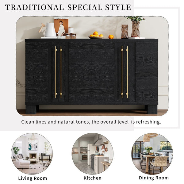 English Elm Trexm Ash Veneer Buffet with Gold Handles and Adjustable Shelves for Dining Spaces Black N715P392244B