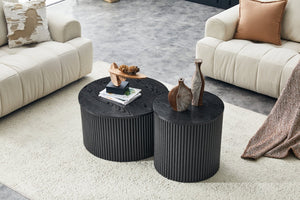 English Elm 2-piece Nesting Round Tables Roman Column Base with Storage Black Wood Grain Living Room W3875P396796