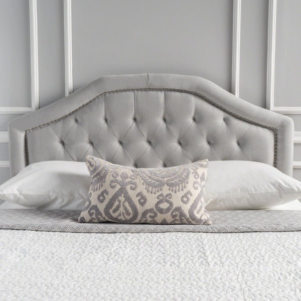 English Elm Tufted Queen Headboard with Nailhead Trim Solid Wood Frame Adjustable Iron Legs Light Grey 57875.00LGRY