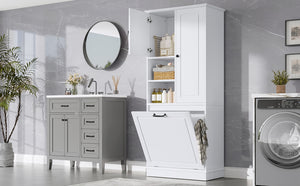 English Elm Tall Storage Cabinet with Flip-Out Basket, Adjustable Shelves & Aluminum Handles for Organized Living White N725P322739K