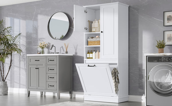 English Elm Tall Storage Cabinet with Flip-Out Basket, Adjustable Shelves & Aluminum Handles for Organized Living White N725P322739K