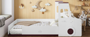 English Elm Full Size Car Shaped Kids Platform Bed with Storage Drawers Integrated Desk Pine Wood Light White W1580S00490