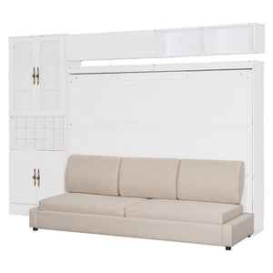 English Elm Queen Murphy Wall Bed Sofa with Open Shelving Usb Charging and Integrated Studio Lighting Gray,White LP100764AAK