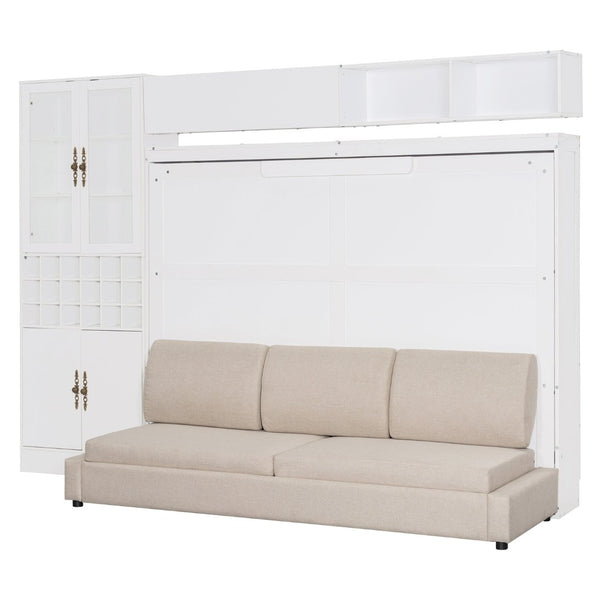 English Elm Queen Murphy Wall Bed Sofa with Open Shelving Usb Charging and Integrated Studio Lighting Gray,White LP100764AAK