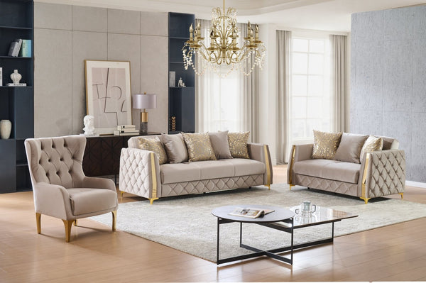 English Elm Lippa 3 Piece Quilted Tufted Living Room Set with Sleeper Storage and Gold Legs Taupe B009S02240