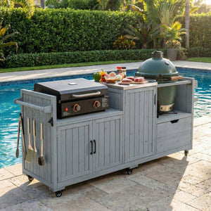 English Elm K&k 80.5 Inch Outdoor Kitchen Island Solid Fir Wood Stainless Steel Grill Cart Station Grey+Blue N707P392140G