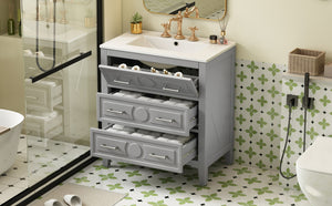 English Elm 30'' Bathroom Vanity with Ceramic Sink, Solid Wood Frame Retro Style Vanity with 3 Drawers & Gold Handles Gray N710P246209E