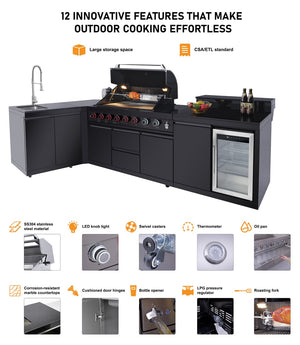 English Elm Outdoor Kitchen Island with 6 Burner Gas Grill Sink Refrigerator Stainless Steel W5007S00008