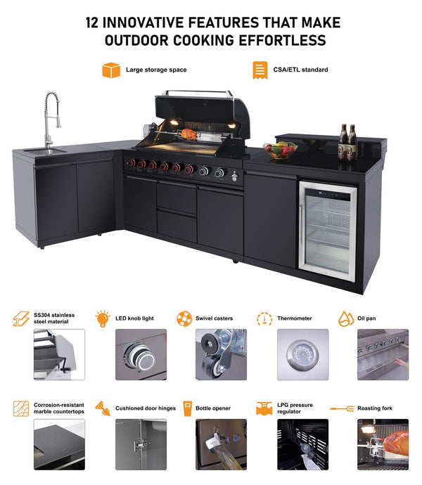 English Elm Outdoor Kitchen Island with 6 Burner Gas Grill Sink Refrigerator Stainless Steel W5007S00008