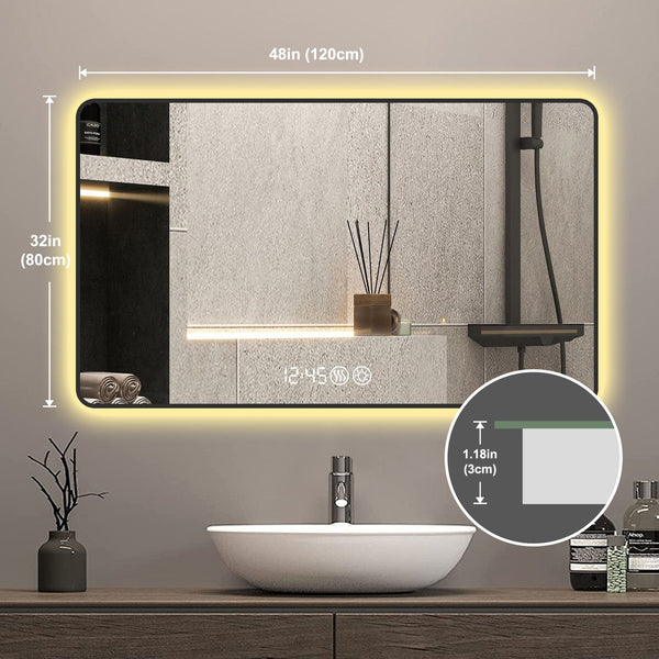 English Elm 48x32 Black Frame Wall Mirror with Time & Temp Display, 3-Color Dimmable LED, Defogger, Safety Glass W2709P242468