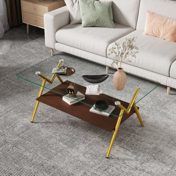 English Elm Rectangle Coffee Table With Clear Tempered Glass Top & Gold Metal Legs For Elegant Living Rooms W241142554-GIGA