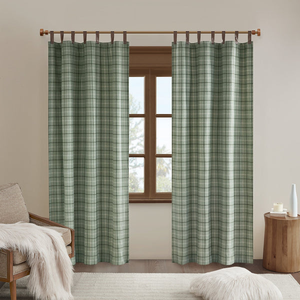JLA Home Madison Park - Plaid Charcoal Fleece-Lined Tab Top Curtain Panel — Faux Leather Trim, Thermal Privacy, Machine-Washable Green MP40-8297