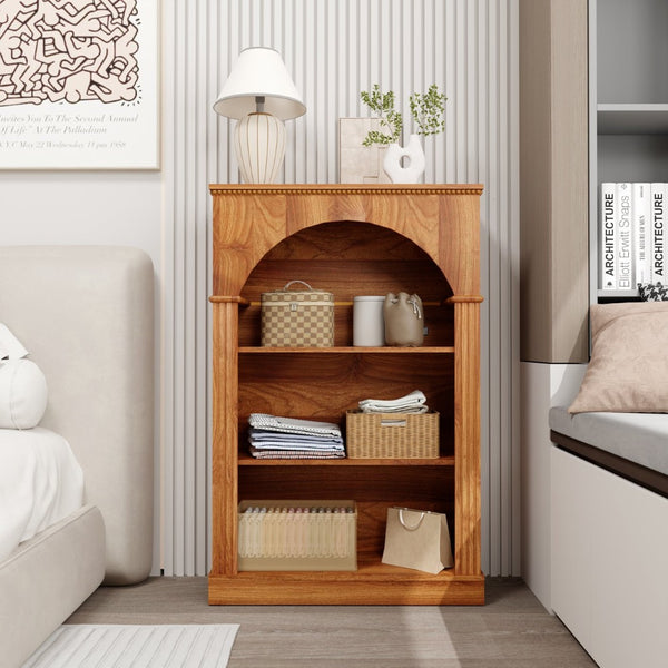 English Elm Vintage Hand-carved Solid Wood Bookcase Tall Arched Open Shelf Cabinet for Living Room W3123P485376