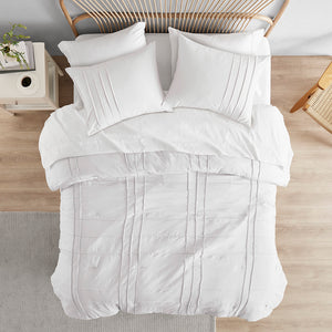 JLA Home Comfort Spaces - Soft Washed Pleated Duvet Cover Set with OEKO-TEX Soft Microfiber, Grid Pinch-Pleat, Button Closure, Breathable Comfort for Year-Round Use White AM12-0040