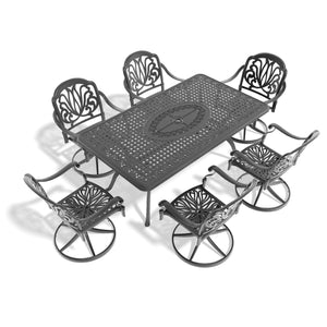 English Elm 7-Piece All-Weather Cast Aluminum Dining Set With Swivel Chairs, Table, Cushions & Umbrella Hole W1710S00465