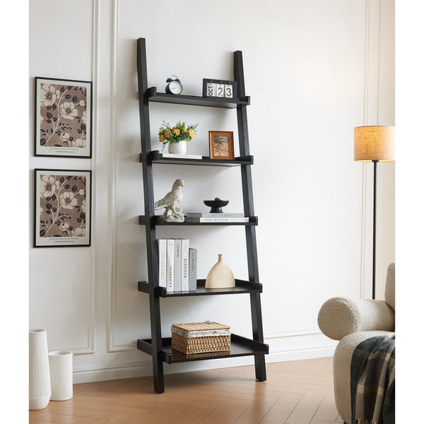 English Elm Bookcase five-shelf ladder with triple wrap molding, modern multi-depth tiers and rounded shelf barriers B107P302905