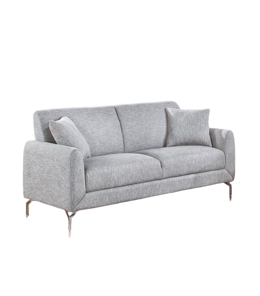 English Elm Elegant Burlap-Like 2pc Sofa Loveseat Set with Chrome Triangle Legs, Tight Seat/Back & Pillows Light Gray 75 L x 30 W x 21 H B011S01336