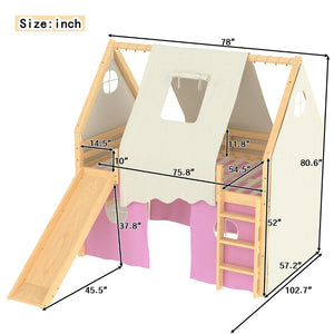 English Elm Full Size Pine Loft Bed with Slide Tent Panels Led Lights and Play Space Below W1580S00291