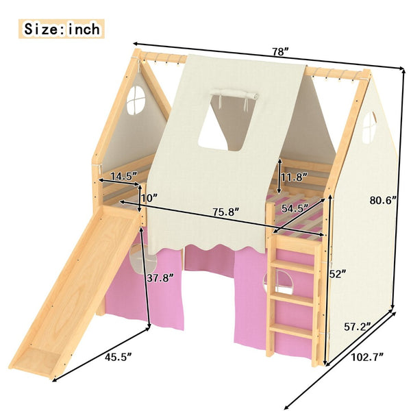 English Elm Full Size Pine Loft Bed with Slide Tent Panels Led Lights and Play Space Below W1580S00291
