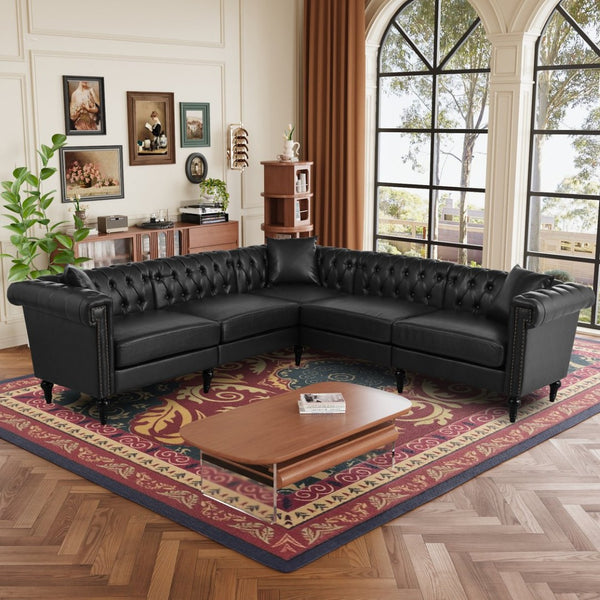 English Elm Sectional Chesterfield Sofa with Tufted Back Nailhead Trim Pu Leather 5 Seat Living Room Black W680S00112