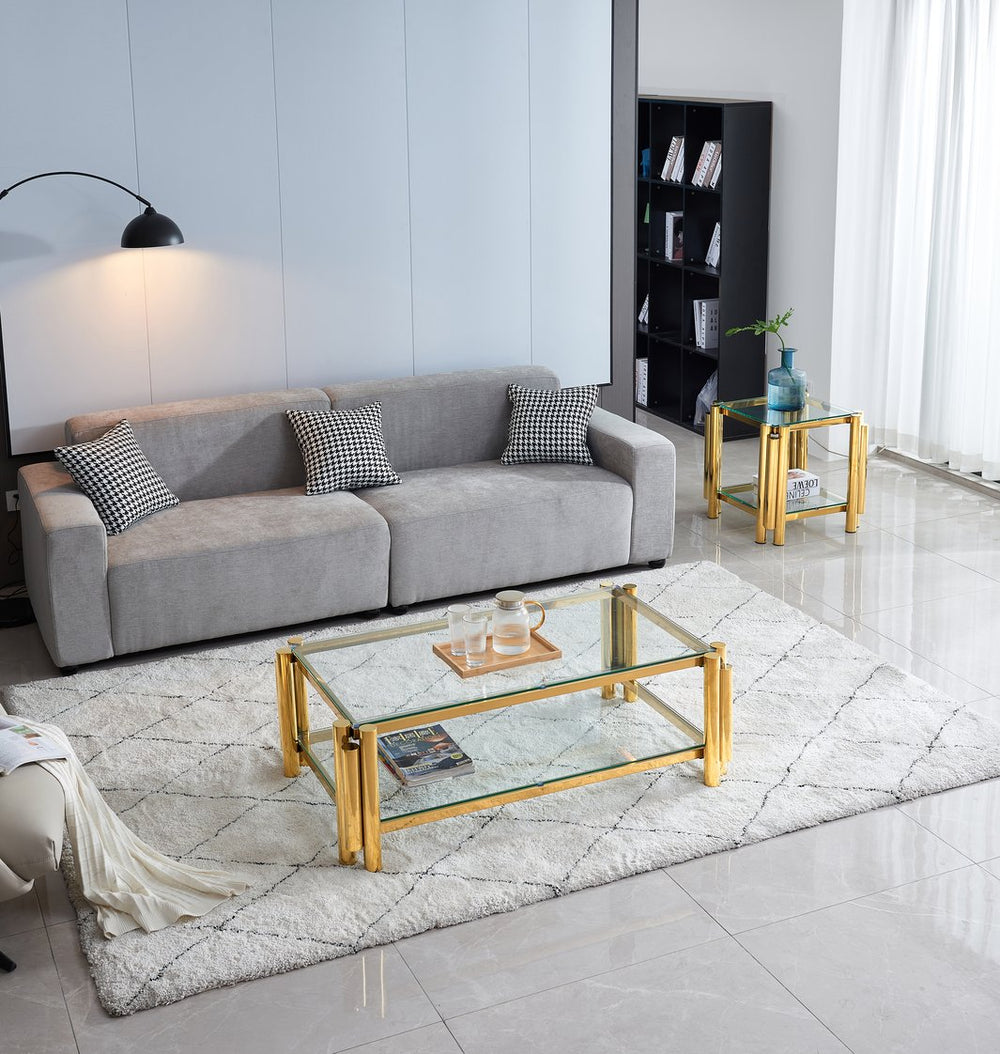 English Elm Modern 2-Piece Coffee Table Set With Gold Stainless Steel & Clear Glass Top For Stylish Living Spaces W2978S00046