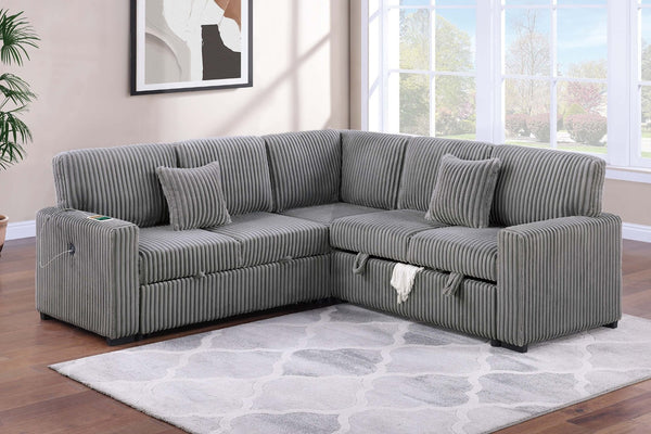 English Elm Modern Corduroy Three Piece Sectional Sofa with Storage Pull Out Bed and Usb Charging B011S02171