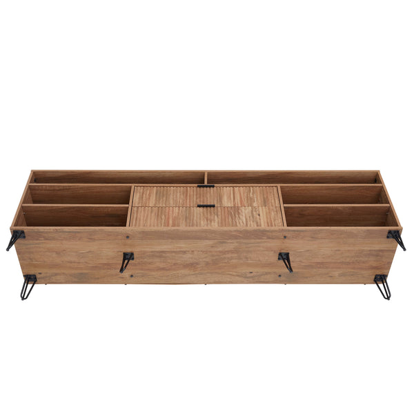 English Elm Dumbo 85" Fluted TV Stand with Gold Legs, 2 Drawers & 6 Shelves, Wire Management, Easy Snap Assembly Brown B365P397924
