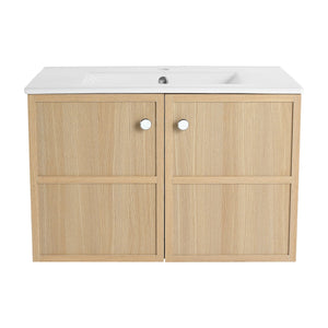 English Elm 30" Oak Wall-Mounted Bathroom Vanity with Ceramic Sink, 2 Soft-Closing Doors, Plywood Build, Space-Saving Design W1972S00022