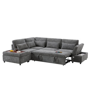 English Elm [video]107'' Chenille Sleeper Sectional with Usb Charging Storage Ottoman and Adjustable Armrest Gray N723S8782E