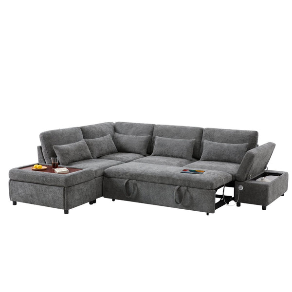 English Elm [video]107'' Chenille Sleeper Sectional with Usb Charging Storage Ottoman and Adjustable Armrest Gray N723S8782E