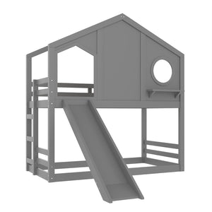 English Elm Full Bunk Bed with Trundle Bookshelf Storage Pine Frame Car Design for Kids Gray W1580S00465