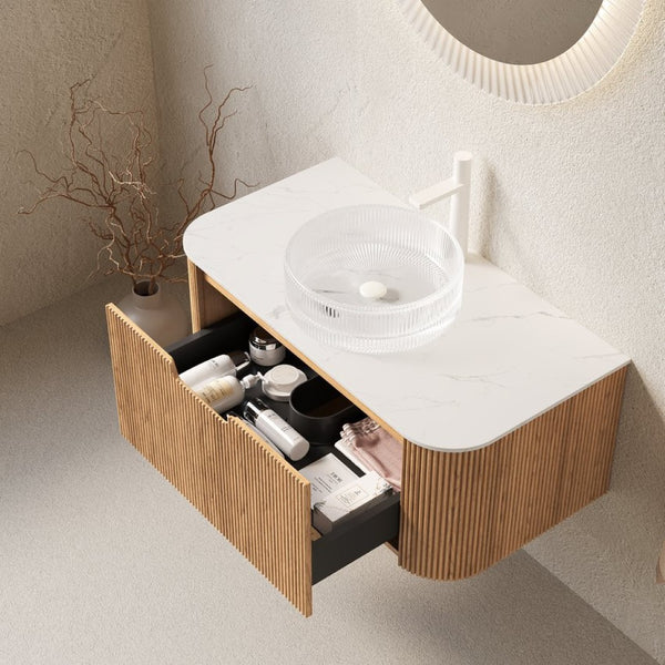 English Elm Dina Floating Bathroom Vanity Sintered Stone Top Glass Basin Striped Plywood Cabinet W2615S00237