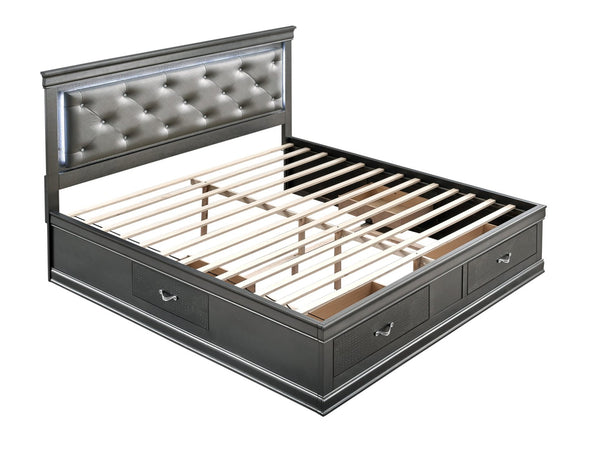 English Elm Lorana King Platform Bed with Led Lighting Tufted Faux Leather Glam Storage Frame Gray B078S00693