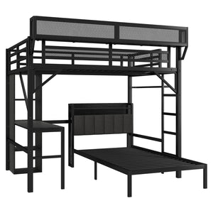 English Elm Full Full over Twin Metal Bunk Bed with Desk, Bookshelves, LED Lighting & USB Charge Station, Black W2580S00040
