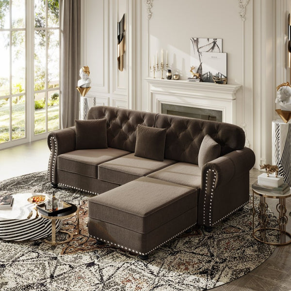 English Elm Upholstered Velvet Chesterfield Sofa with Button Tufting Nailhead Trim and Ottoman Brown W1885S00395