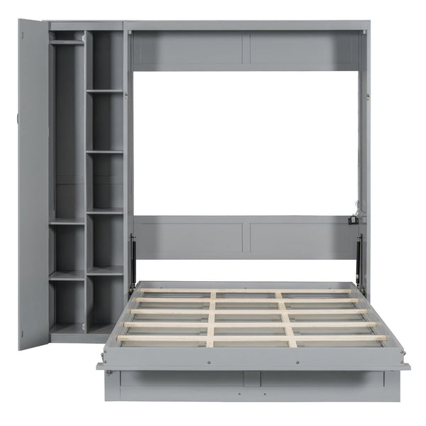 English Elm Full Size Murphy Bed with Open Shelving Wardrobe and Led Lighting for Studio Spaces Gray LP000898AAE-1