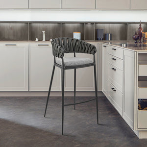 English Elm Ylena Gray Faux Leather & Fabric Bar Stool — Black Metal Frame, Comfortable Upholstery, Durable Design B2736P268561