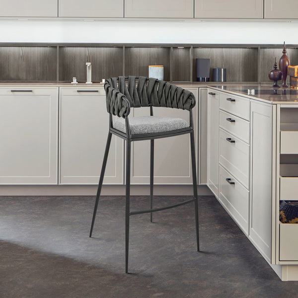 English Elm Ylena Gray Faux Leather & Fabric Bar Stool — Black Metal Frame, Comfortable Upholstery, Durable Design B2736P268561