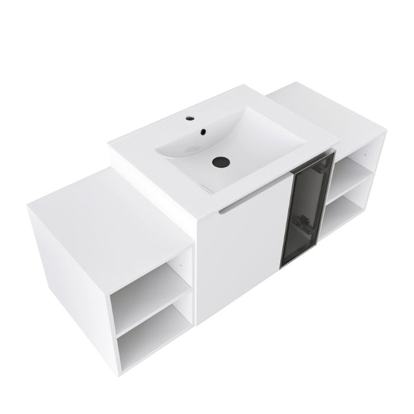 English Elm 48" Floating Bathroom Vanity with Ceramic Sink Soft Close Doors and Grey Glass Panel W999S00529