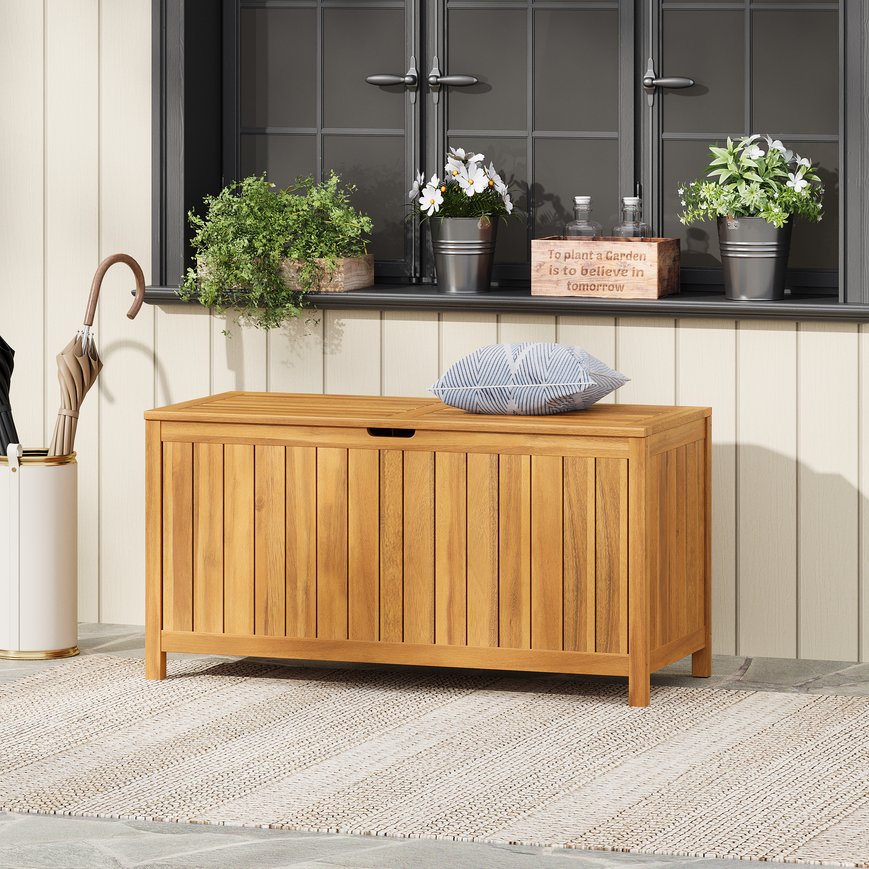 English Elm Christopher Knight Home® - Portside Teak 100-Gallon Acacia Wood Deck Box with Louvered Panels, Weather-Resistant Storage Bench N775P175344T
