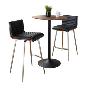 English Elm - Mid-century Modern 3 Piece Counter Bar Set Swivel Stools Walnut Faux Leather Black B202S01416