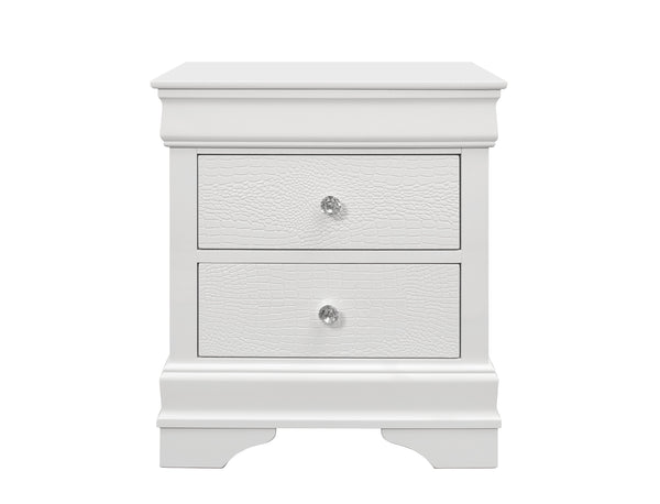 English Elm SHAKER Crocodile Textured Nightstand with Crystal Hardware, Solid Wood & MDF, Contemporary Tapered Legs White 29 L x 22 W x 22 H B201P215907