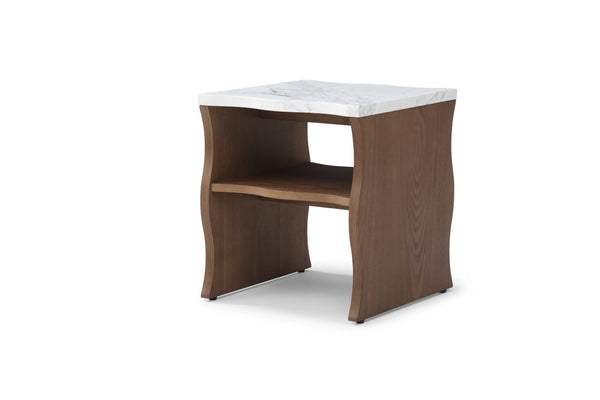 English Elm 2ps, Sculptural Faux Marble End Tables with Open Shelf for Modern Living Rooms Walnut Brown W2664S00073