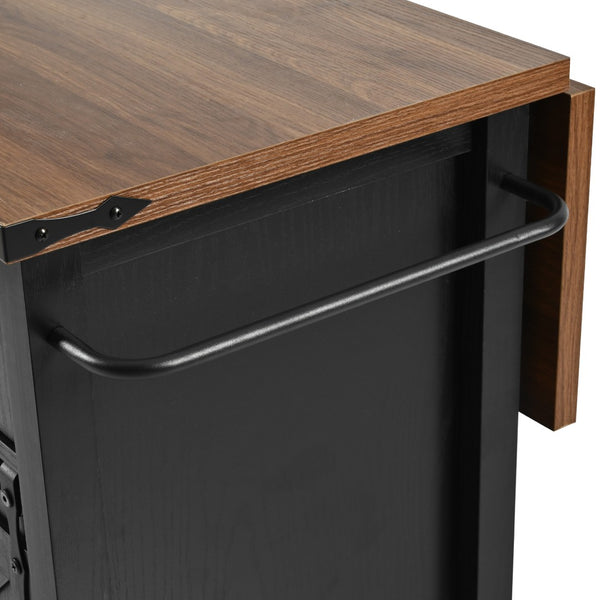 English Elm K&k Farmhouse Rolling Kitchen Island with Drop Leaf Power Outlets and Storage Cabinet Black N707S170347B