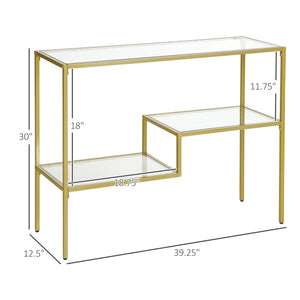 English Elm HOMCOM Gold Console Table 39" Tempered Glass Narrow Entryway Table with 3 Shelves, Steel Frame elegant stabilization W2225P217214