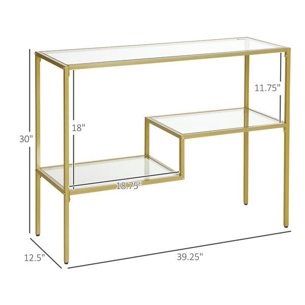 English Elm HOMCOM Gold Console Table 39" Tempered Glass Narrow Entryway Table with 3 Shelves, Steel Frame elegant stabilization W2225P217214