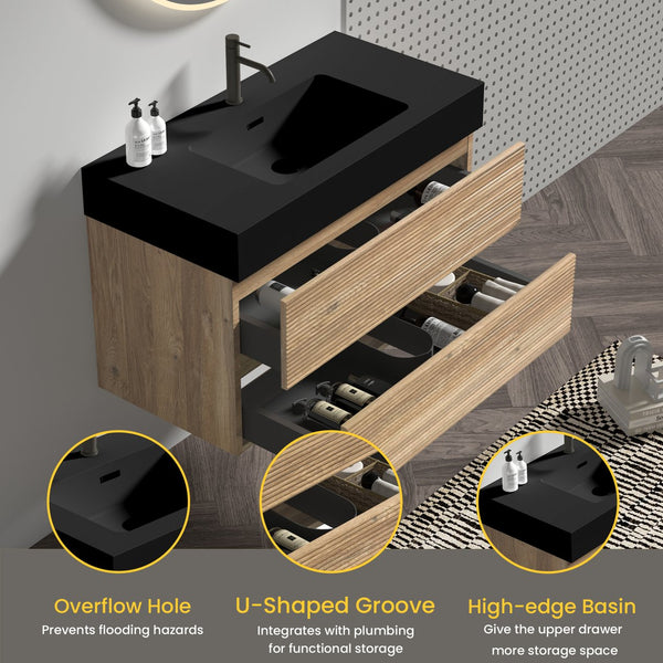 English Elm 36' Wall-Mounted Vanity with Oak & Walnut Grille, Soft-Closing Drawers, 20% More Storage, Eco-Friendly Finish W1865S00166