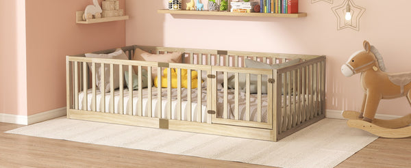 English Elm Twin Montessori Floor Bed Solid Rubber Wood with Safety Fence Rails Toddler Room W504P411198
