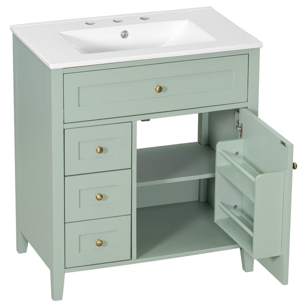 English Elm 30-Inch Contemporary Bathroom Vanity with Sink, MDF & Rubberwood, Glossy Finish, 3 Drawers + Cabinet Green N725P350819F