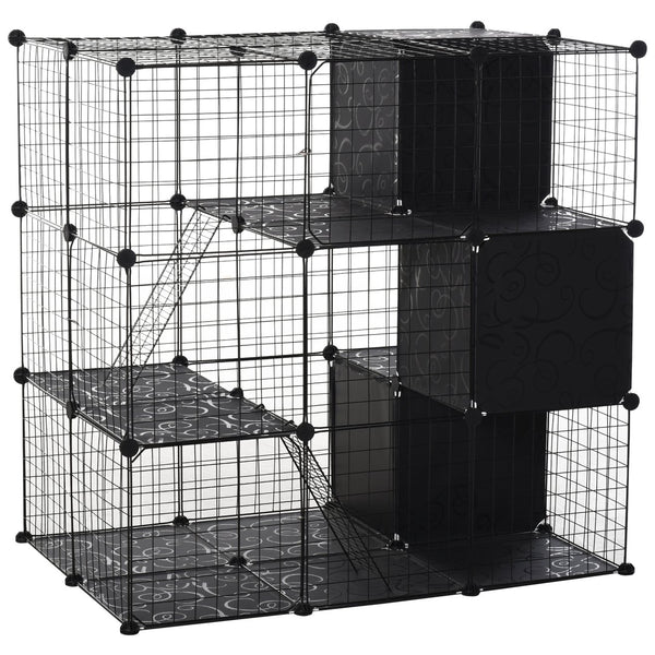 English Elm PawHut Modular Small Animal Playpen 56-Panel Metal Cage with Ramps, 3 Doors & Storage Shelf W2225P200757